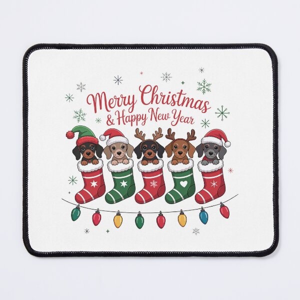 Item preview, puppies peek out of Christmas stockings designed and sold by jkrphoto.