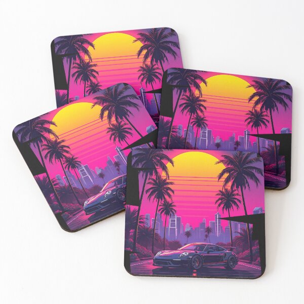 Item preview, 80s retro-futuristic landscape with palm trees and a Porsch sports car neon colors 5 designed and sold by Neon G.