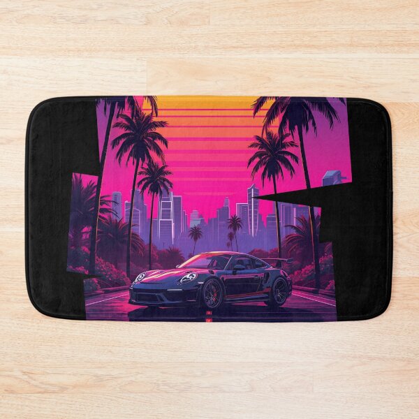 Item preview, 80s retro-futuristic landscape with palm trees and a Porsch sports car neon colors 5 designed and sold by Neon G.