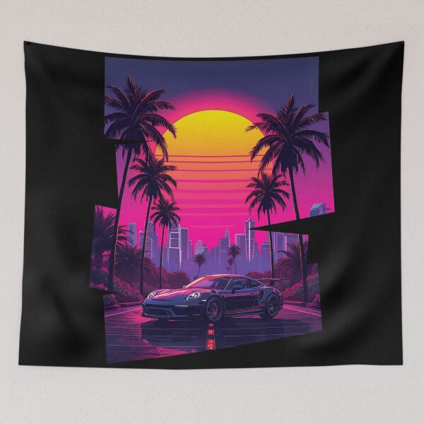Item preview, 80s retro-futuristic landscape with palm trees and a Porsch sports car neon colors 5 designed and sold by Neon G.