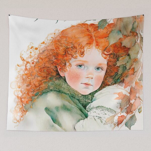 Item preview, Autumn Charm: Red-Haired Girl in Fur Collar Coat - Whimsical Watercolor Portrait designed and sold by LanaGustavsson.