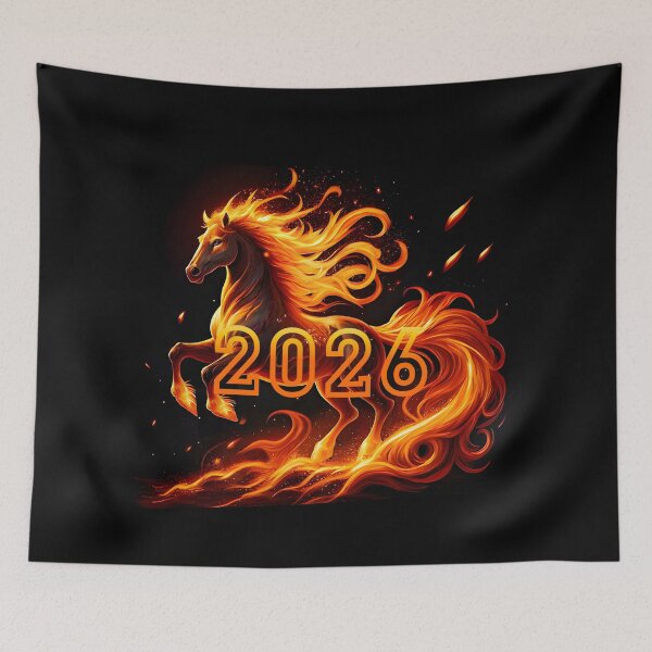 Item preview, poster, postcard, stickers, magnets fiery horse, 2026 Year of the Fire Horse, Happy New Year! numbers fire on black background designed and sold by orthodox-icon.