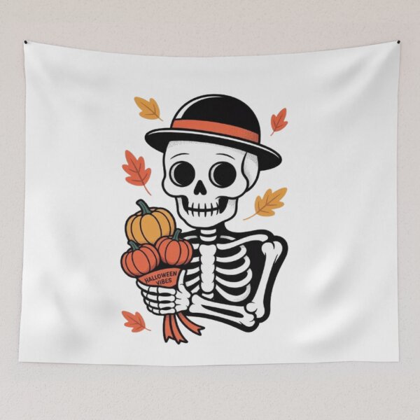 Item preview, Elegant Skeleton with Pumpkins – Halloween Vibes designed and sold by MeowLoka ⭐⭐⭐⭐.