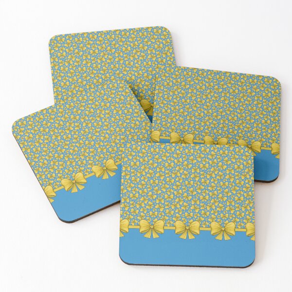 Item preview, Yellow bows on a ribbon dividing into a blue background with a pattern and without a pattern designed and sold by Cherevan.