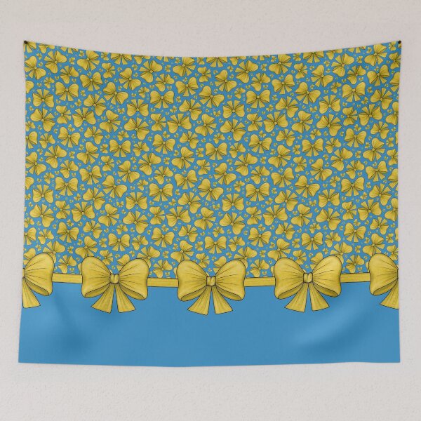 Item preview, Yellow bows on a ribbon dividing into a blue background with a pattern and without a pattern designed and sold by Cherevan.