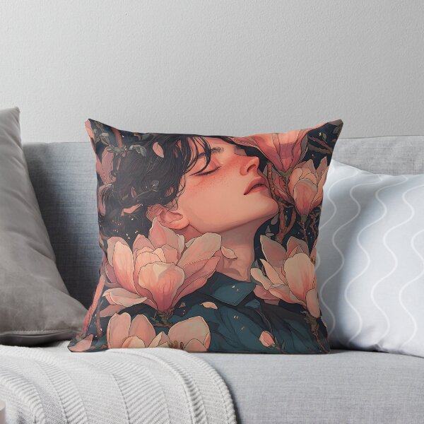 Aperçu de l'œuvre La Dernière Fleur – Illustration d'anime émouvante d'un soldat au repos parmi les fleurs de magnolia créée et vendue par MetroEnvision.