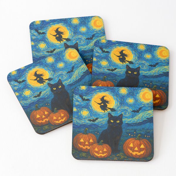 Item preview, Halloween Witch Black Cat Van Gogh Starry Night designed and sold by Jaanussar.