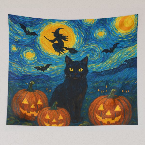 Item preview, Halloween Witch Black Cat Van Gogh Starry Night designed and sold by Jaanussar.