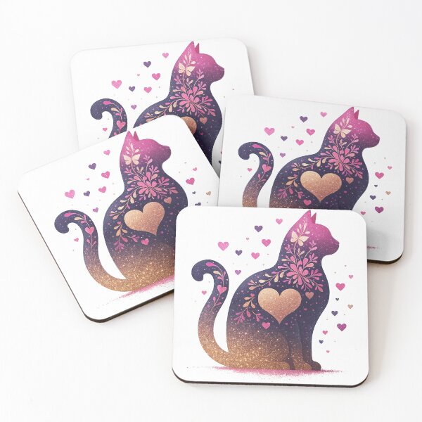 Item preview, Romantic Glitter Cat Silhouette with Heart and Floral Details designed and sold by ArtfulWeave.