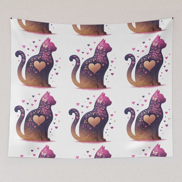 Item preview, Romantic Glitter Cat Silhouette with Heart and Floral Details designed and sold by ArtfulWeave.