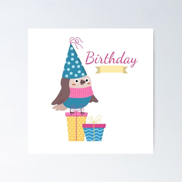 Item preview, Happy Birthday Illustration with Sparrow Wearing a Party Hat and Standing Present	 designed and sold by AlginaPugachova.