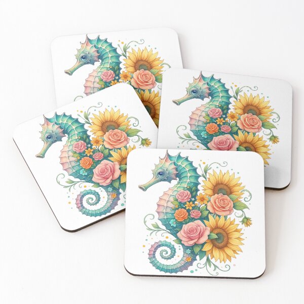 Item preview, Fantasy Seahorse with Floral Arrangement of Roses and Sunflowers designed and sold by ArtfulWeave.