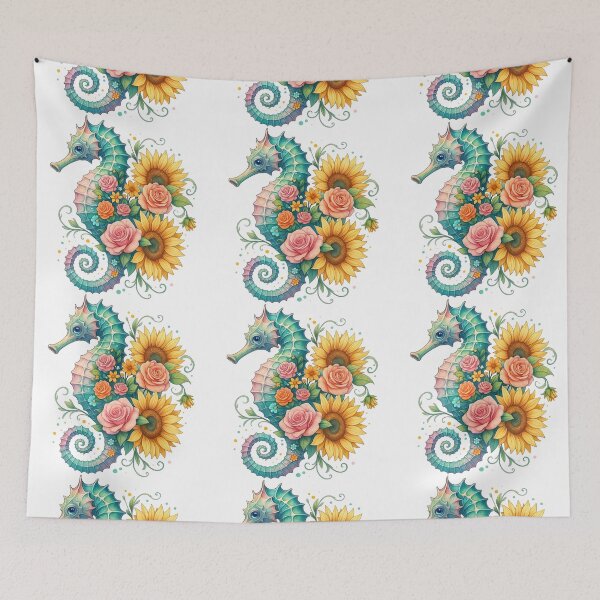 Item preview, Fantasy Seahorse with Floral Arrangement of Roses and Sunflowers designed and sold by ArtfulWeave.