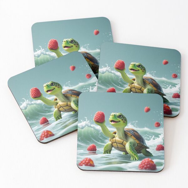 Item preview, A turtle is holding a raspberry in its hand and some raspberries are floating in the sea around the turtle. designed and sold by Designfs.