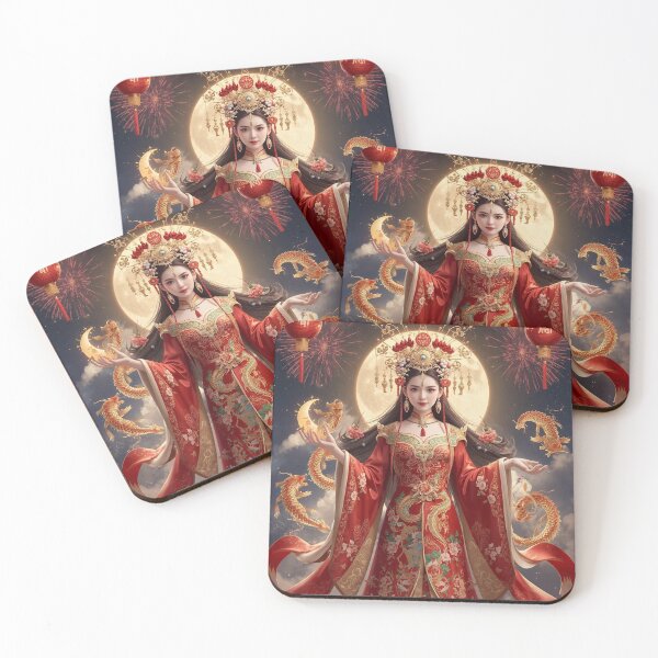 Item preview, Chinese Celestial Goddess with Koi Fish | New Year Dragon Phoenix Red Gold Silk Art designed and sold by MissSaylor.