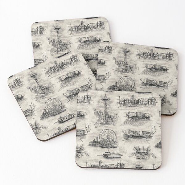 Item preview, Seattle Toile de Jouy - Space Needle/Pike Place Market in Black designed and sold by somecallmebeth.