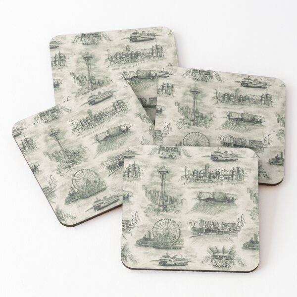 Item preview, Seattle Toile de Jouy - Space Needle/Pike Place Market in Green designed and sold by somecallmebeth.