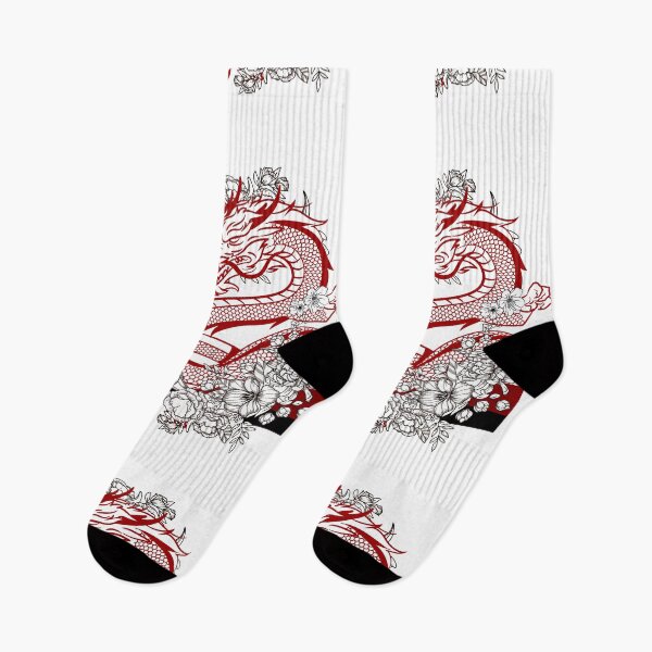 Item preview, Dragon Tattoo Art with Flowers - Red & Black Japanese Style Design designed and sold by Kruti Collection.
