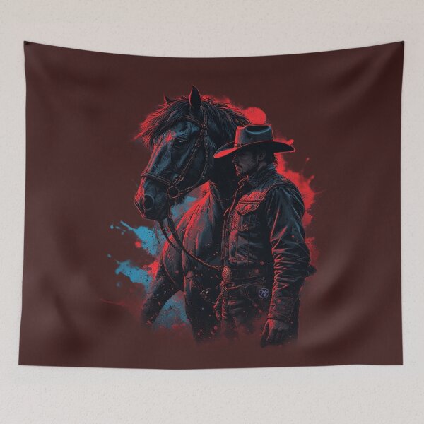 Item preview, Dark Cowboy and Horse – Red and Blue Western Power Art by NegarTv Designs designed and sold by NegarTv Designs.