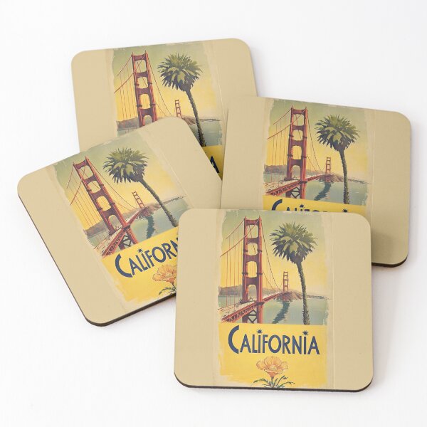 Item preview, California Travel Poster With Golden Gate Bridge, Palm Tree, Sunrise Sky, and Bright Banner designed and sold by Rue Market.