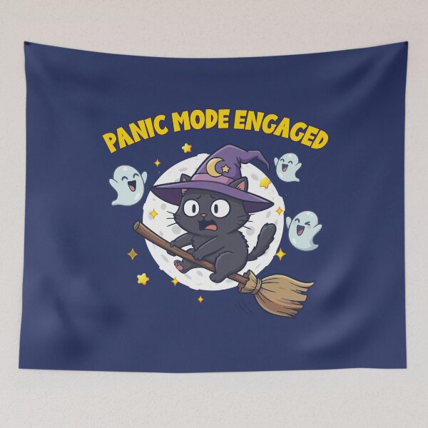 Item preview, Panic Mode: Engaged – Funny Witch Cat on a Broom designed and sold by Tiny-roar-studio.