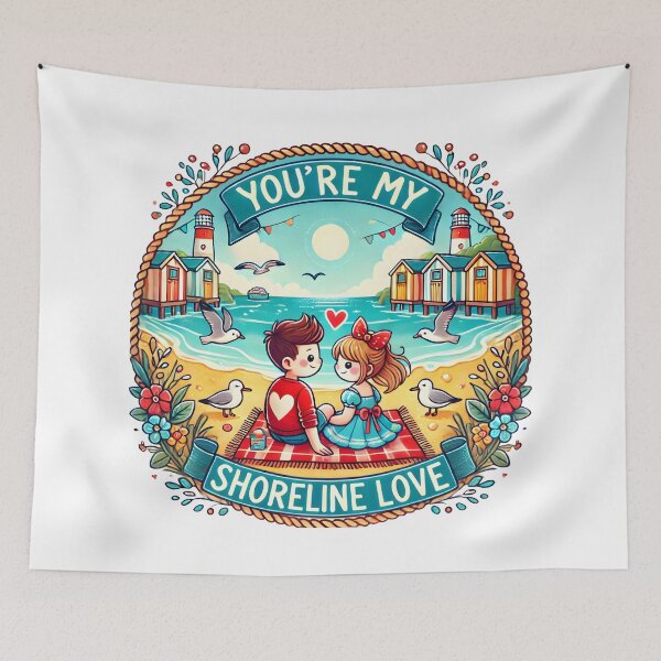 Item preview, Romantic Cartoon Beach Scene with "You're My Shoreline Love" Text. designed and sold by The-T-In-Retro.
