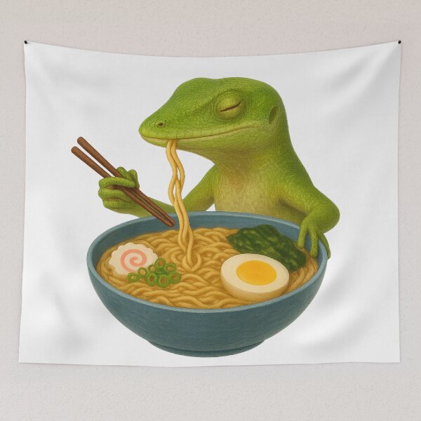Item preview, Green Anole Eating Ramen designed and sold by thehaywirehoney.