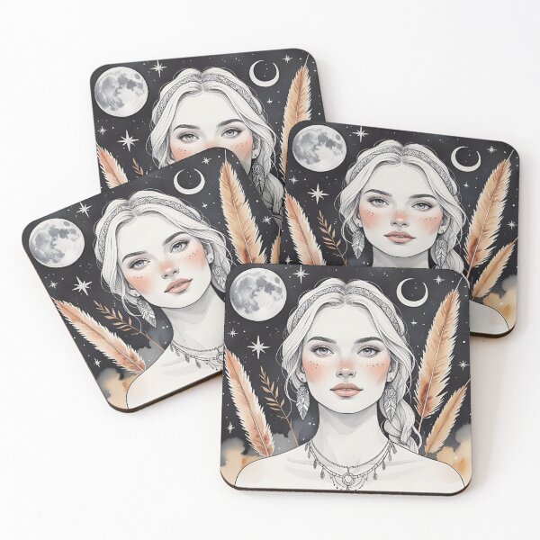 Item preview, Moonlit Bohemian Goddess with Feather Adornments and Starry Night Sky - Mystical Portrait Illustration designed and sold by MadetoCreate21.