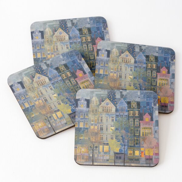 Item preview, Twilight Row Houses – Dreamy Evening Cityscape in Blue and Gold designed and sold by NeoNebulaArt.