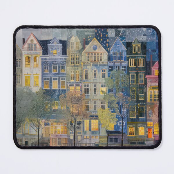 Item preview, Twilight Row Houses – Dreamy Evening Cityscape in Blue and Gold designed and sold by NeoNebulaArt.