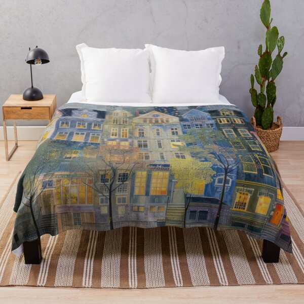 Item preview, Twilight Row Houses – Dreamy Evening Cityscape in Blue and Gold designed and sold by NeoNebulaArt.