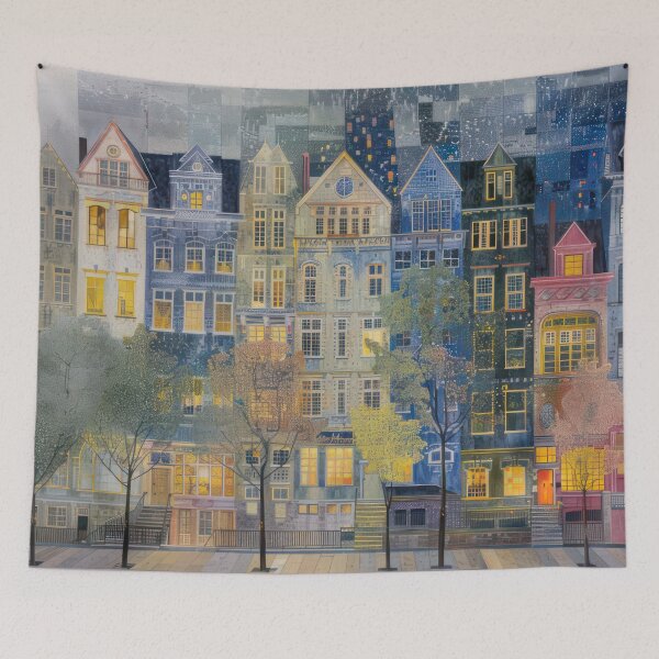 Item preview, Twilight Row Houses – Dreamy Evening Cityscape in Blue and Gold designed and sold by NeoNebulaArt.