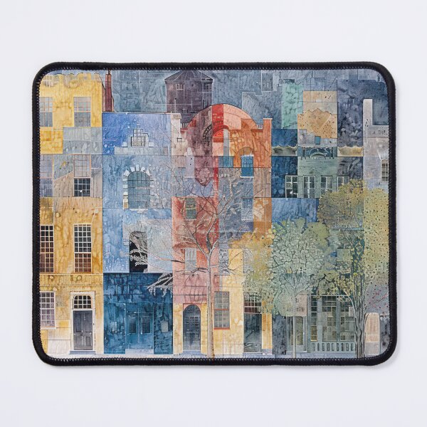 Item preview, Geometric Street Scene – Colorful Abstract Townhouses Art designed and sold by NeoNebulaArt.