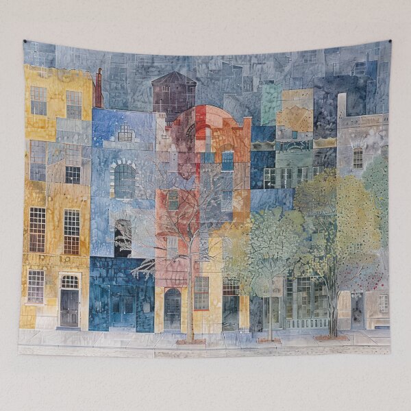 Item preview, Geometric Street Scene – Colorful Abstract Townhouses Art designed and sold by NeoNebulaArt.