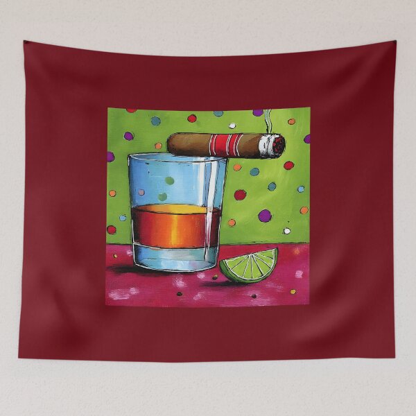 Item preview, Whiskey Delight with Smoldering Cigar and Lime on a Playful Abstract Red Canvas designed and sold by OlfactoART Studio.