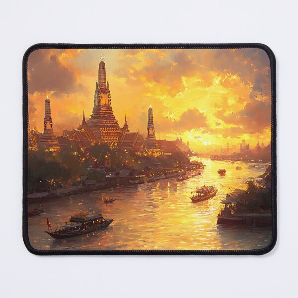 Item preview, Sunset Over Bangkok Temple – Golden Chao Phraya River Painting designed and sold by vallass.