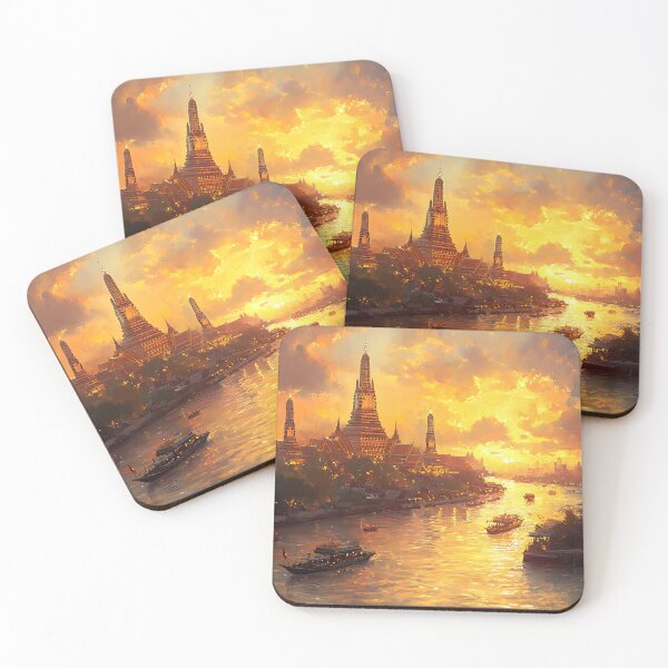 Item preview, Sunset Over Bangkok Temple – Golden Chao Phraya River Painting designed and sold by vallass.
