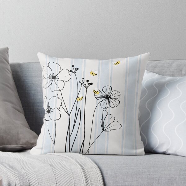 Modern Meadow – Line Art Bees & Blooms Throw Pillow