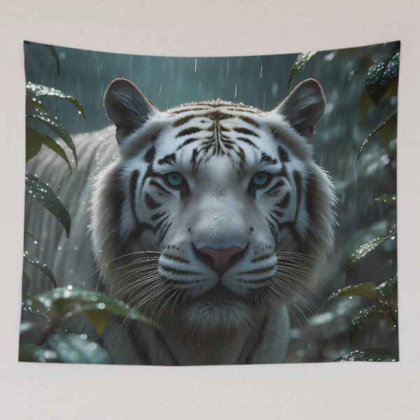 Item preview, Silent Rain Sentinel - White Tiger in Monsoon Stillness designed and sold by Artfully Entertained.