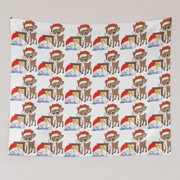 Item preview, Cute Christmas Kitten Sleeping by Fireplace with Reindeer designed and sold by Ikattyg.