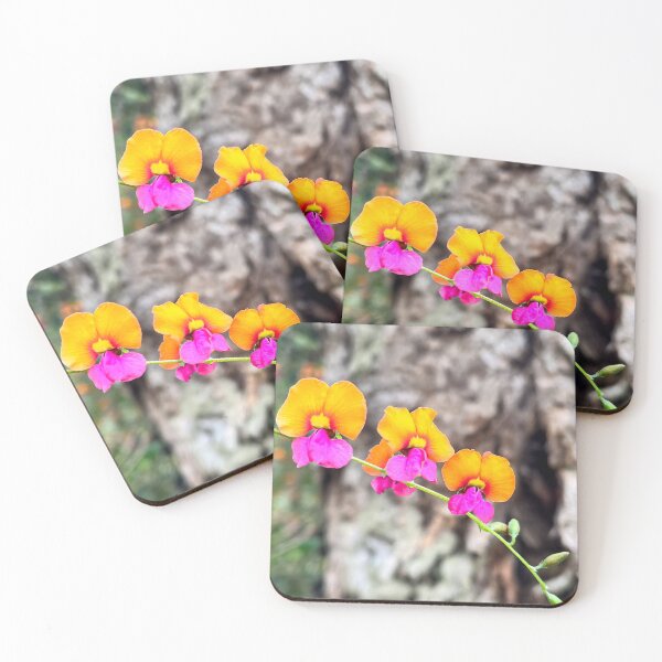 Item preview, Delicate Orange and Pink Pea Flowers Blooming Against Tree Bark in the Forest designed and sold by Be Captured by Brittany Emma.