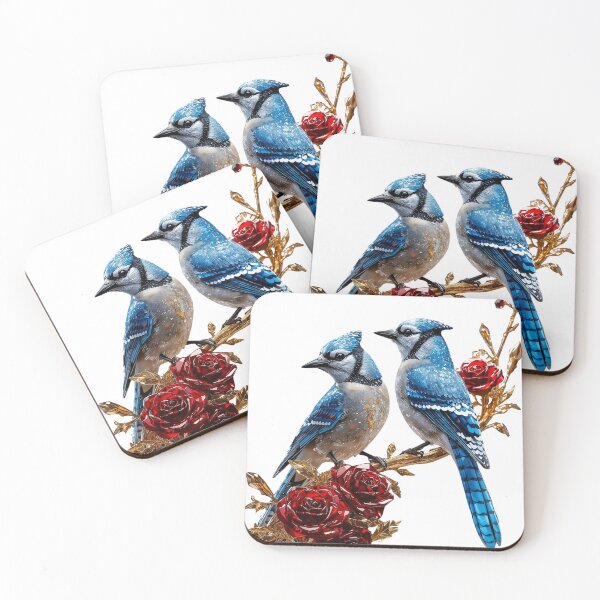 Item preview, Vibrant Blue Jays with Crimson Crystal Roses – Elegant Bird Art, Nature-Inspired Design, Luxury Wildlife Decor designed and sold by BloomingBeauty7.