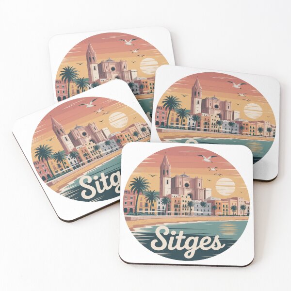 Item preview, Sitges Spain Art – Vintage Coastal Sunset Illustration, Mediterranean Beach Poster Design, Travel Aesthetic designed and sold by CircinusStore.