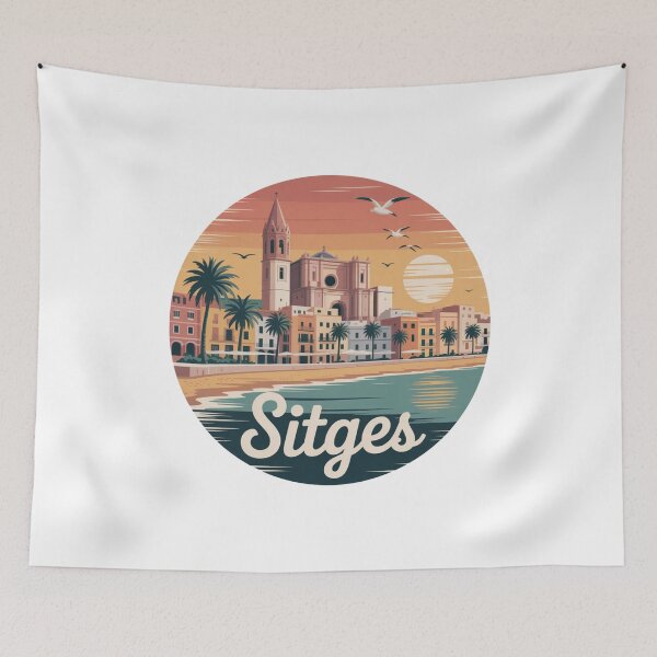 Item preview, Sitges Spain Art – Vintage Coastal Sunset Illustration, Mediterranean Beach Poster Design, Travel Aesthetic designed and sold by CircinusStore.