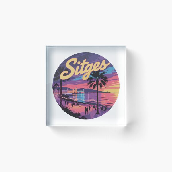Item preview, Sitges Spain Sticker – Neon Sunset Illustration, Coastal Night Art, Retro Mediterranean Design designed and sold by CircinusStore.