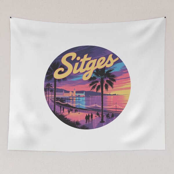 Item preview, Sitges Spain Sticker – Neon Sunset Illustration, Coastal Night Art, Retro Mediterranean Design designed and sold by CircinusStore.