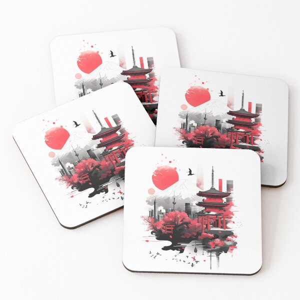 Item preview, Pagoda ethnic black red landscape with Fuji mountains and floral red details designed and sold by Encreable.