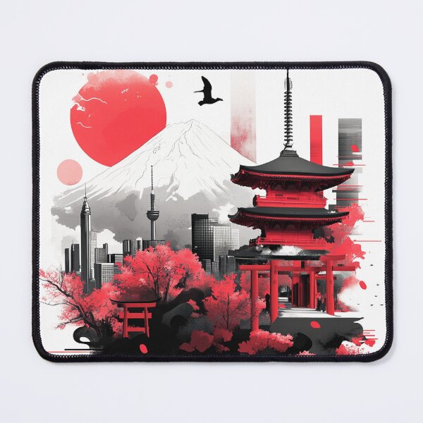 Item preview, Pagoda ethnic black red landscape with Fuji mountains and floral red details designed and sold by Encreable.