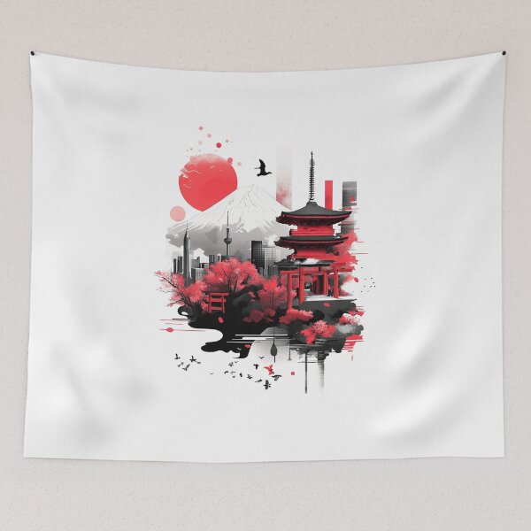 Item preview, Pagoda ethnic black red landscape with Fuji mountains and floral red details designed and sold by Encreable.