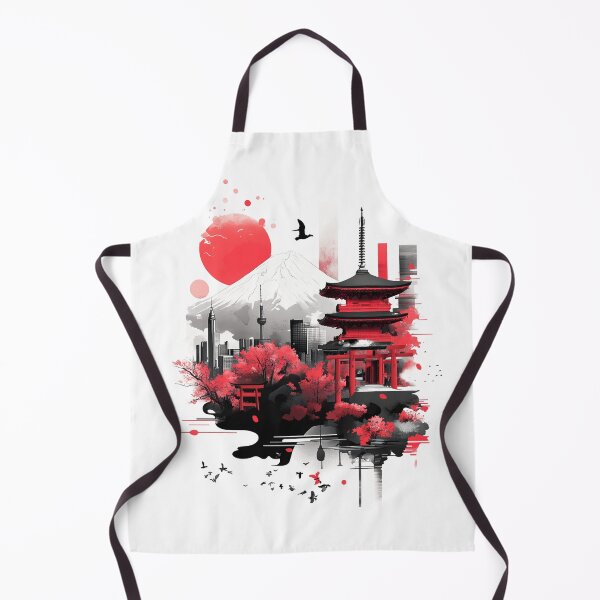 Item preview, Pagoda ethnic black red landscape with Fuji mountains and floral red details designed and sold by Encreable.